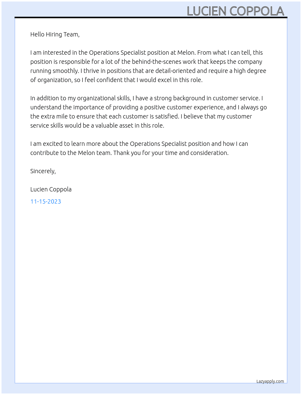 Operations Specialist  At Melon Cover Letter