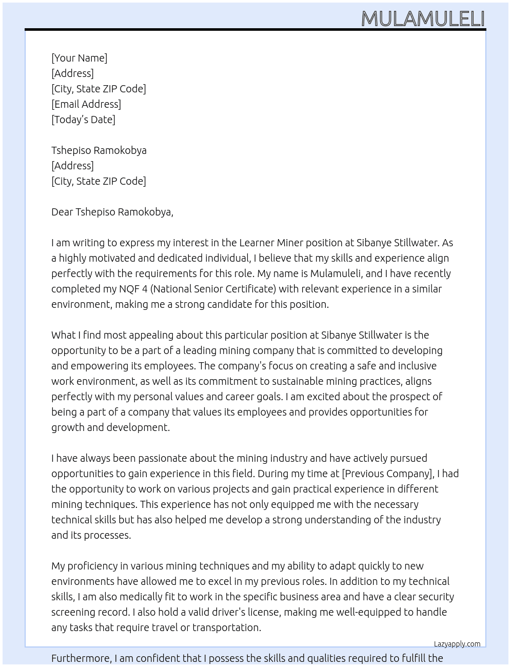 learner miner At siibanye stilolwater Cover Letter