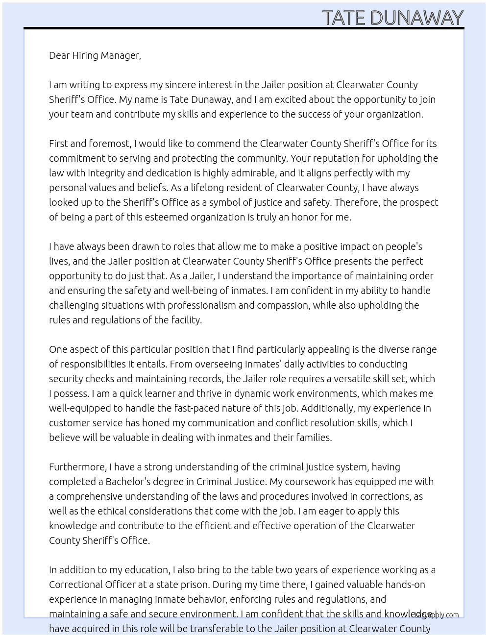 Jailer At Clearwater County Sheriff's Office Cover Letter