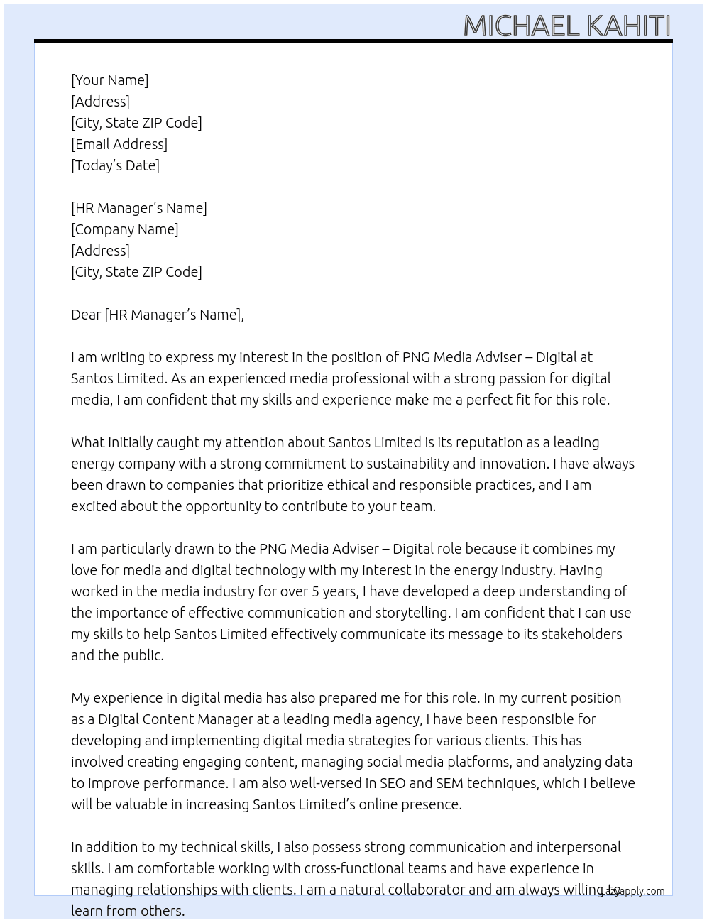 PNG MEDIA ADVISER – DIGITAL At Santos Limited Cover Letter