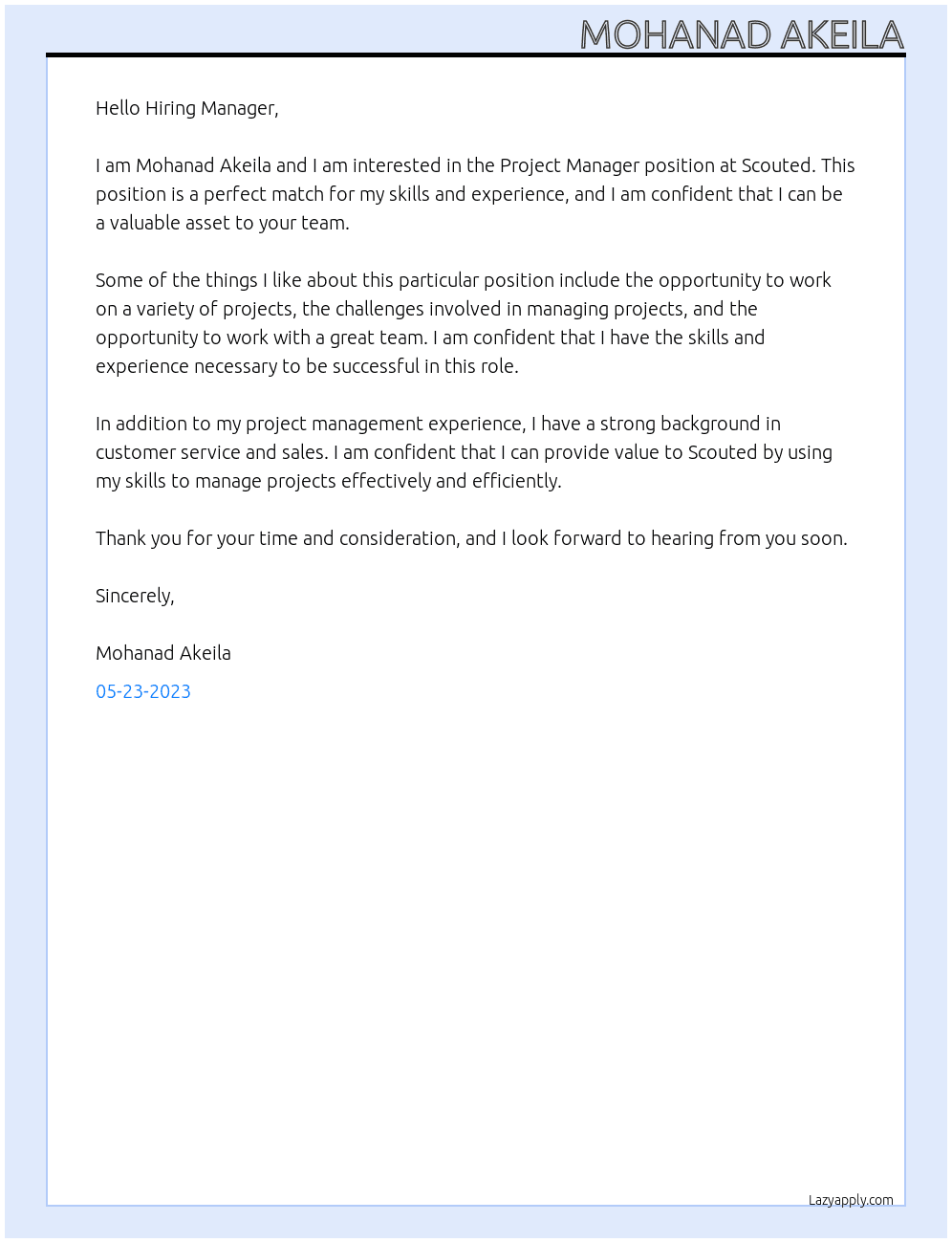 Project Manager  At Scouted Cover Letter