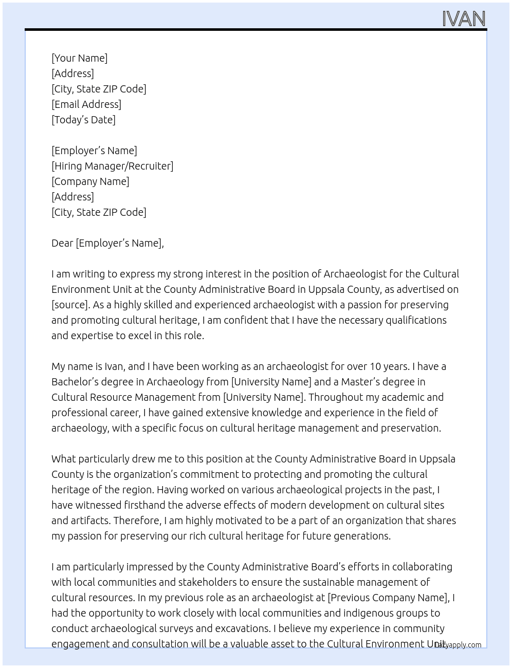 Archaeologist for the Cultural Environment Unit At County Administrative Board in Uppsala County Cover Letter