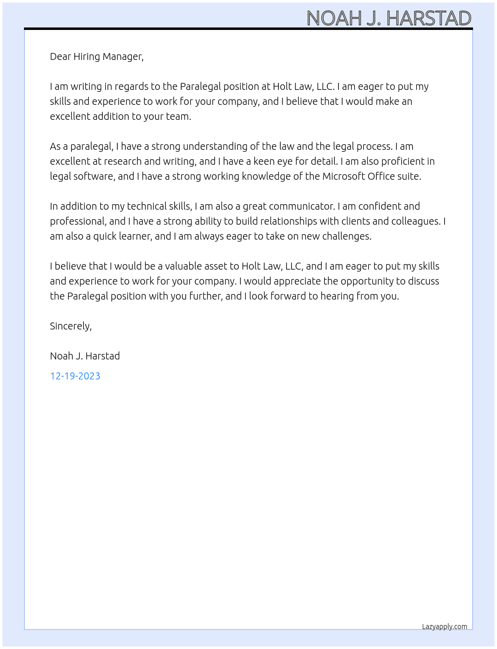 Paralegal At Holt Law, LLC Cover Letter