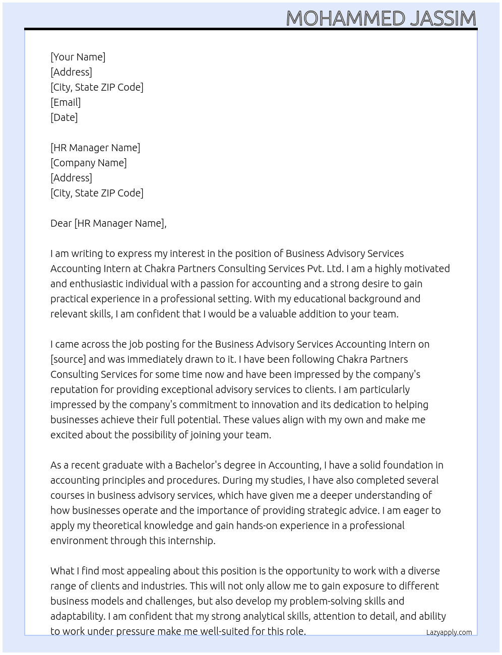 Business Advisory Services Accounting Intern At Chakra Partners Consulting Services Pvt. Ltd Cover Letter
