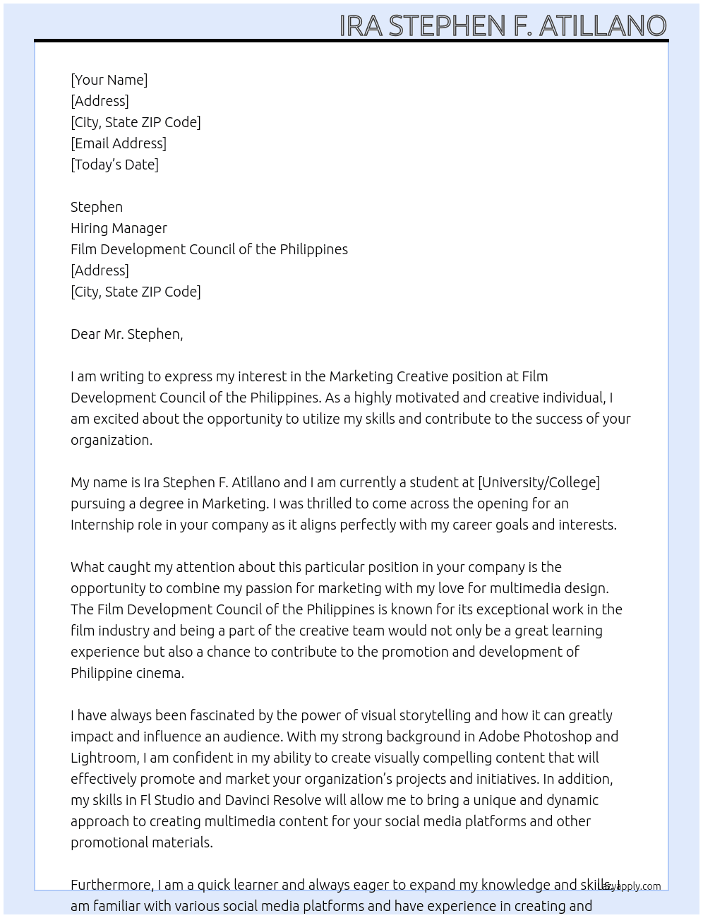 Marketing Creative At Film Development Council of the Philippines Cover Letter