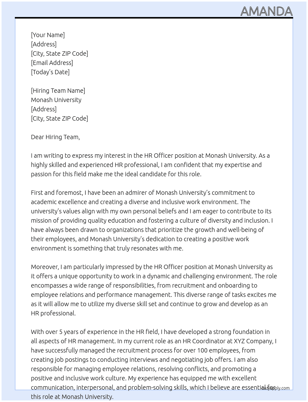  HR Officer At Monash University Cover Letter