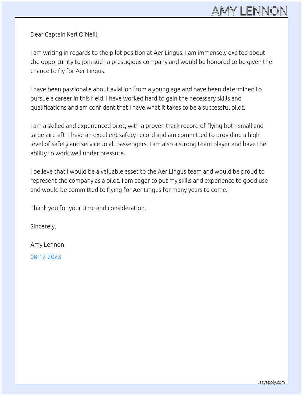 Pilot At Aer Lingus Cover Letter