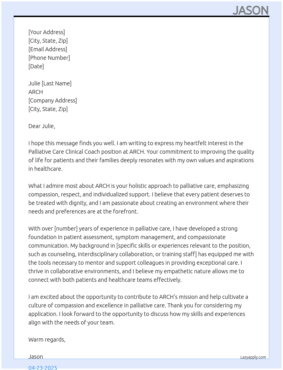 Cover letter for palliative care clinical coach - LazyApply