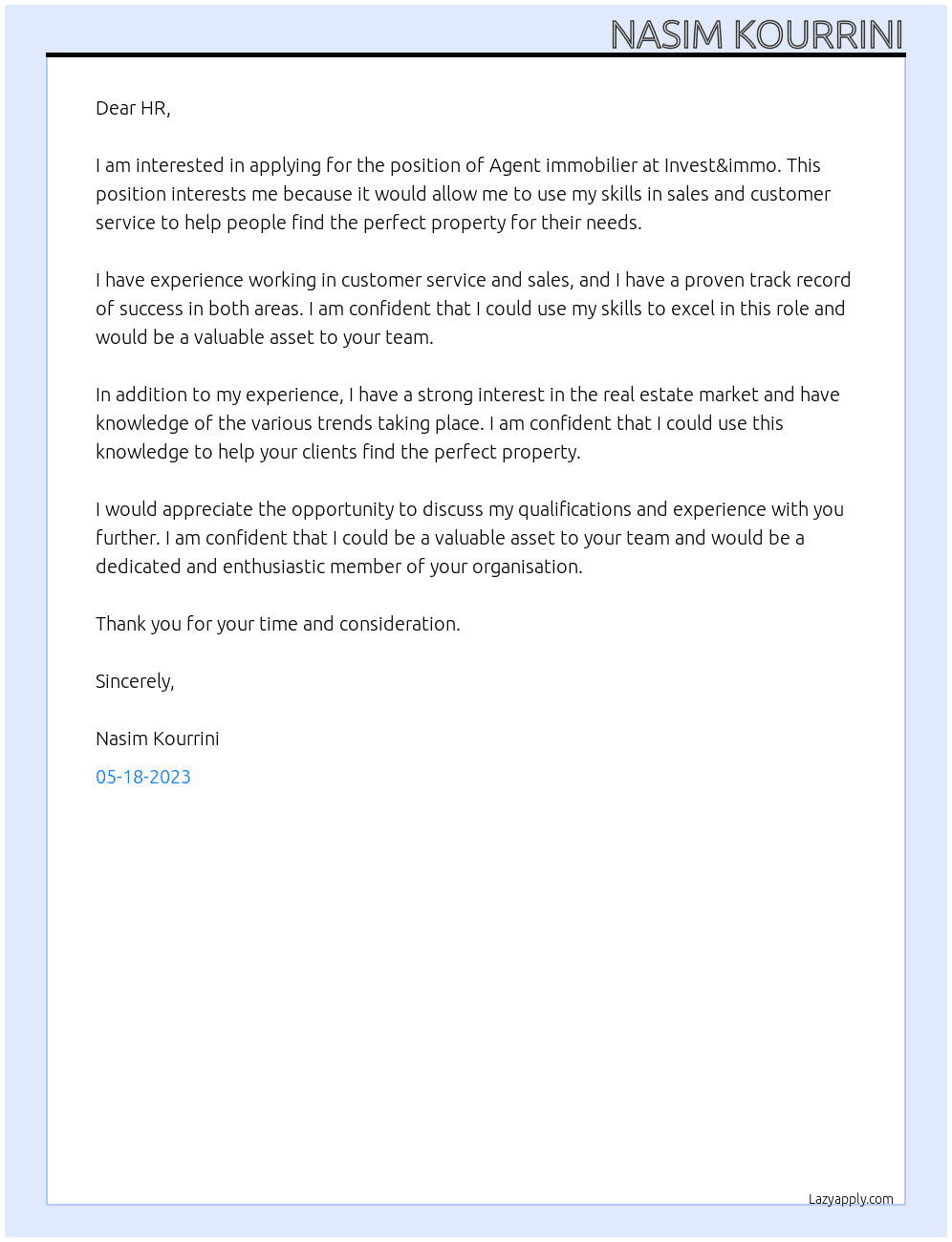 Agent immobilier At Invest&immo Cover Letter
