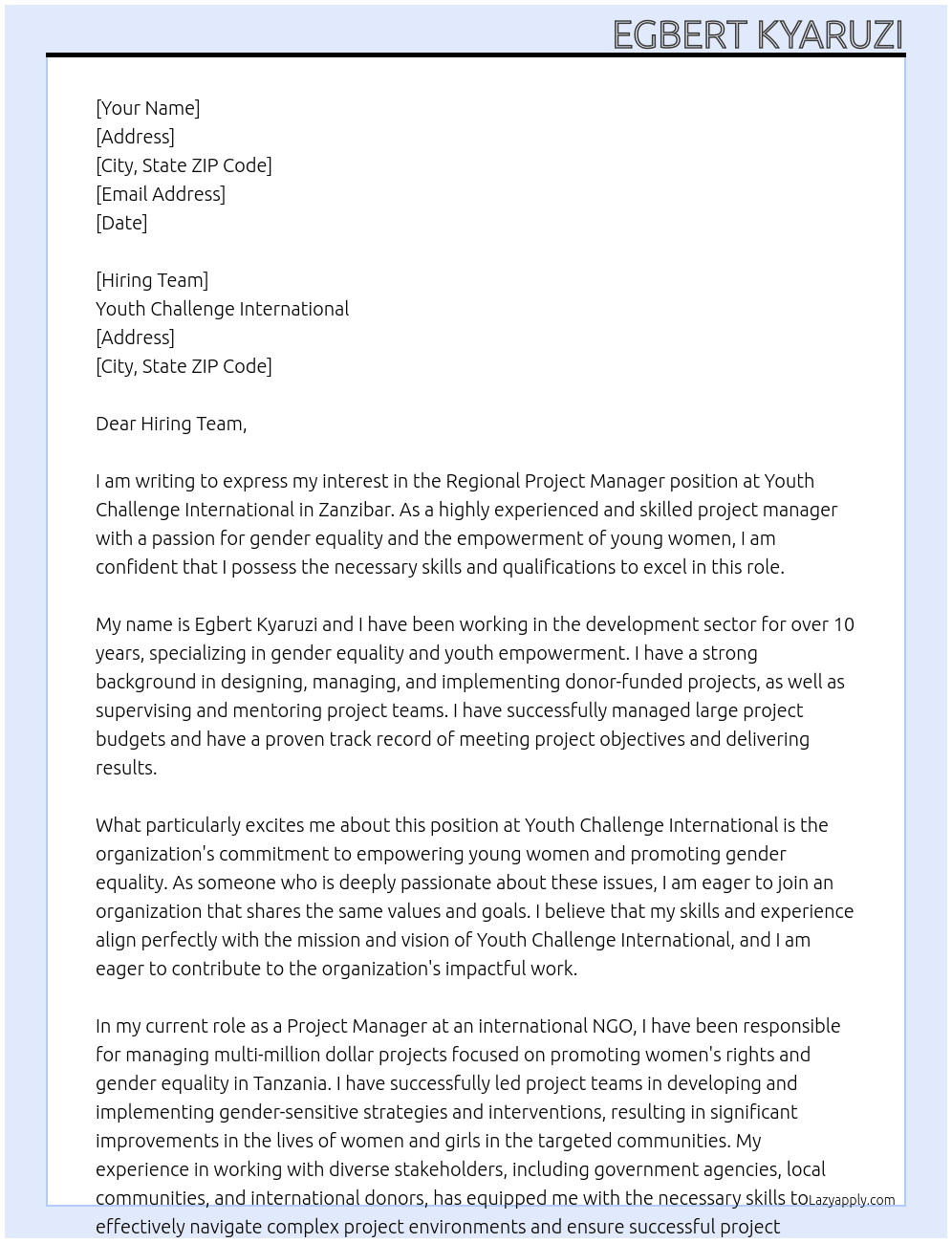 Regional Project Manager At Youth Challenge International Cover Letter