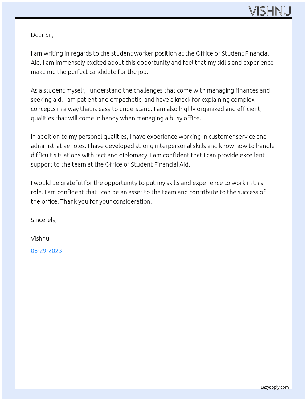 Student worker At Office of student financial aid Cover Letter