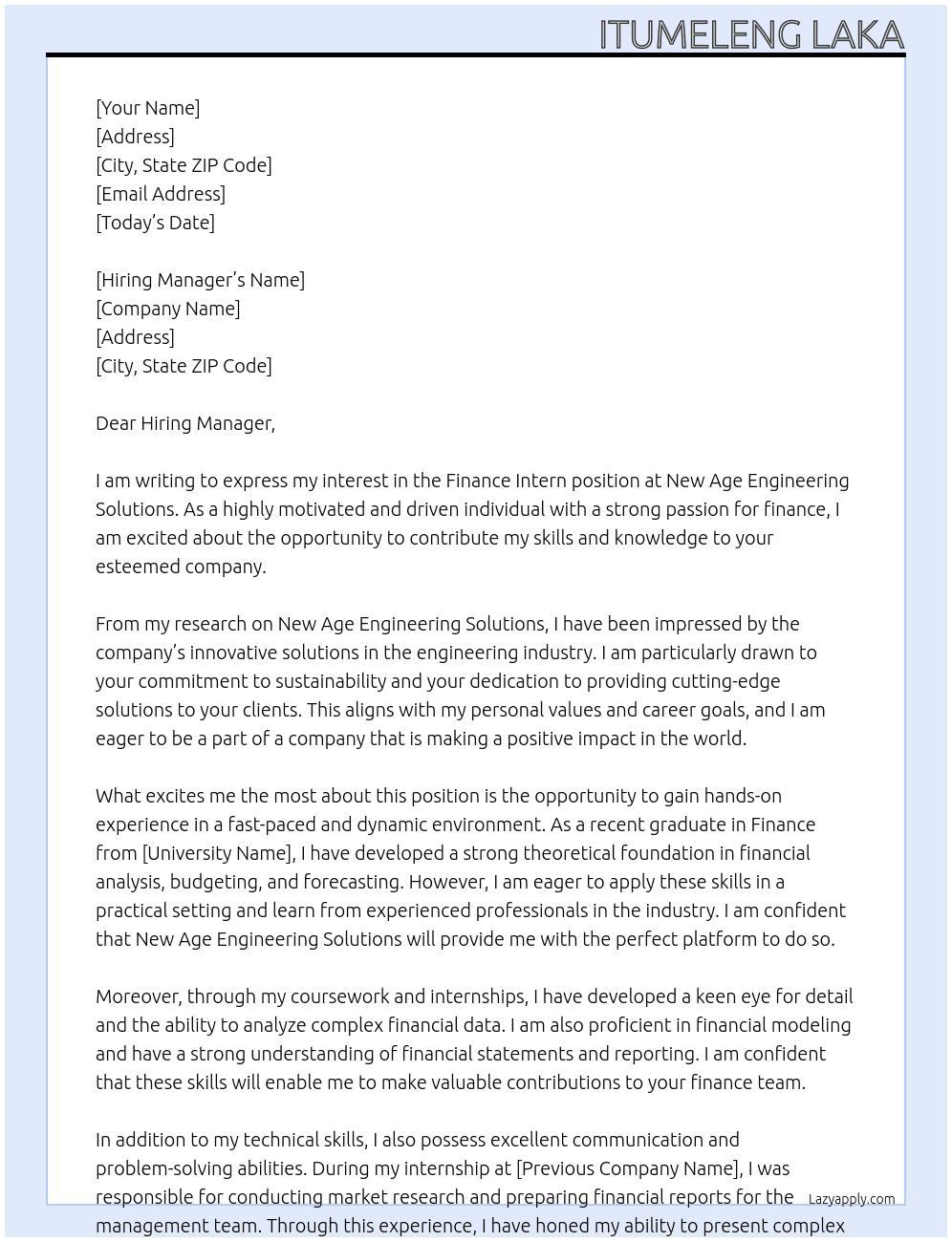 finance intern At NEW AGE ENGINEERING SOLUTIONS Cover Letter