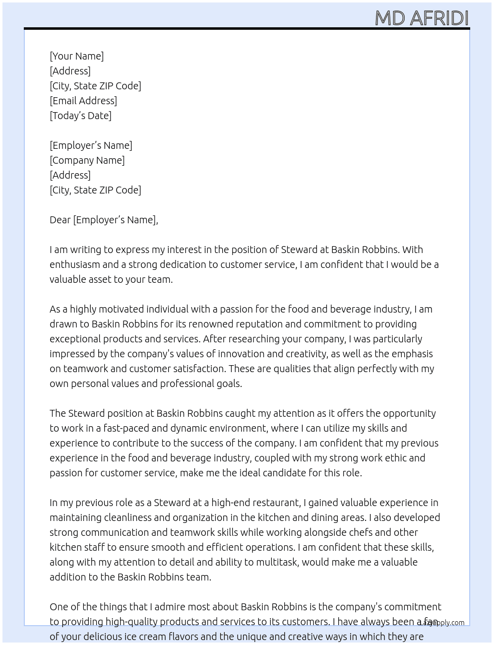 Steward  At Baskin robbins Cover Letter