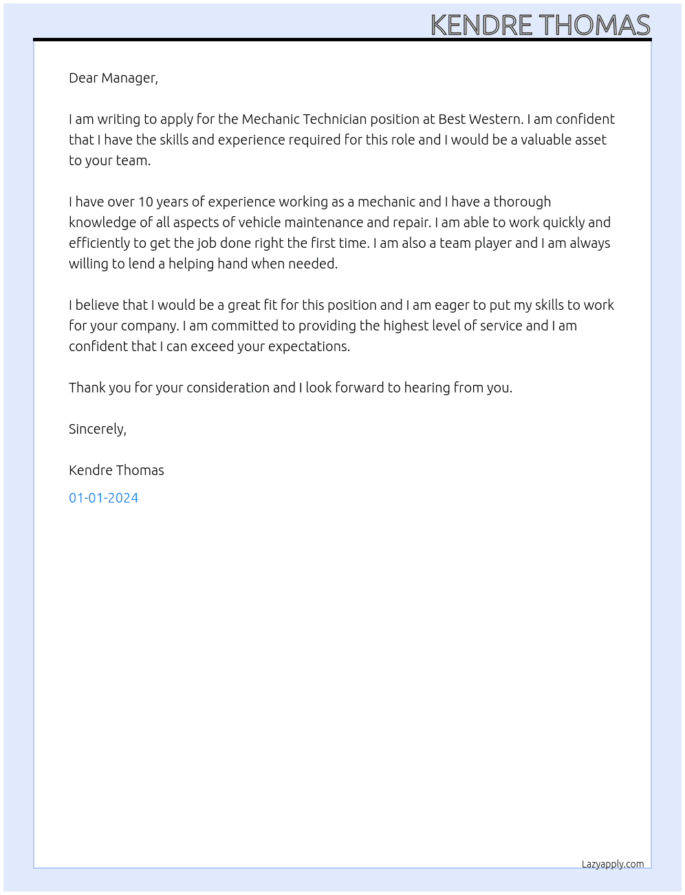 Mechanic Technician At Best Western Cover Letter