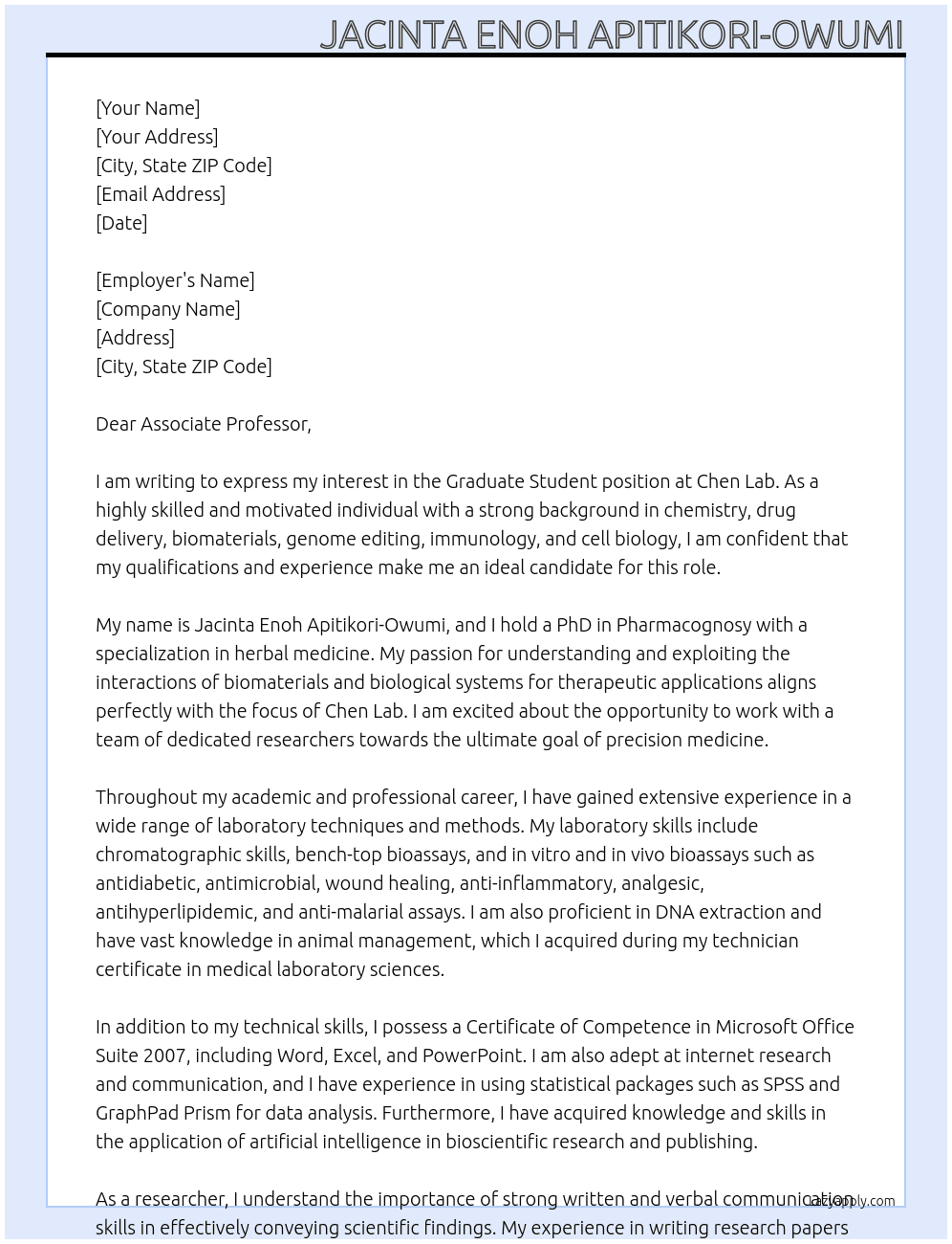 Cover letter for graduate student - LazyApply