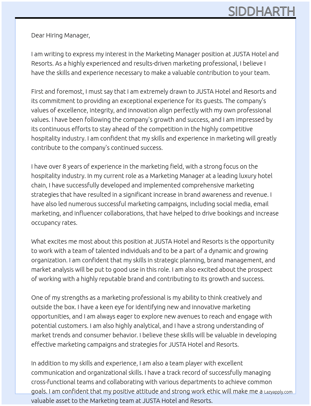 Marketing Manager At JUSTA Hotel and Resorts Cover Letter