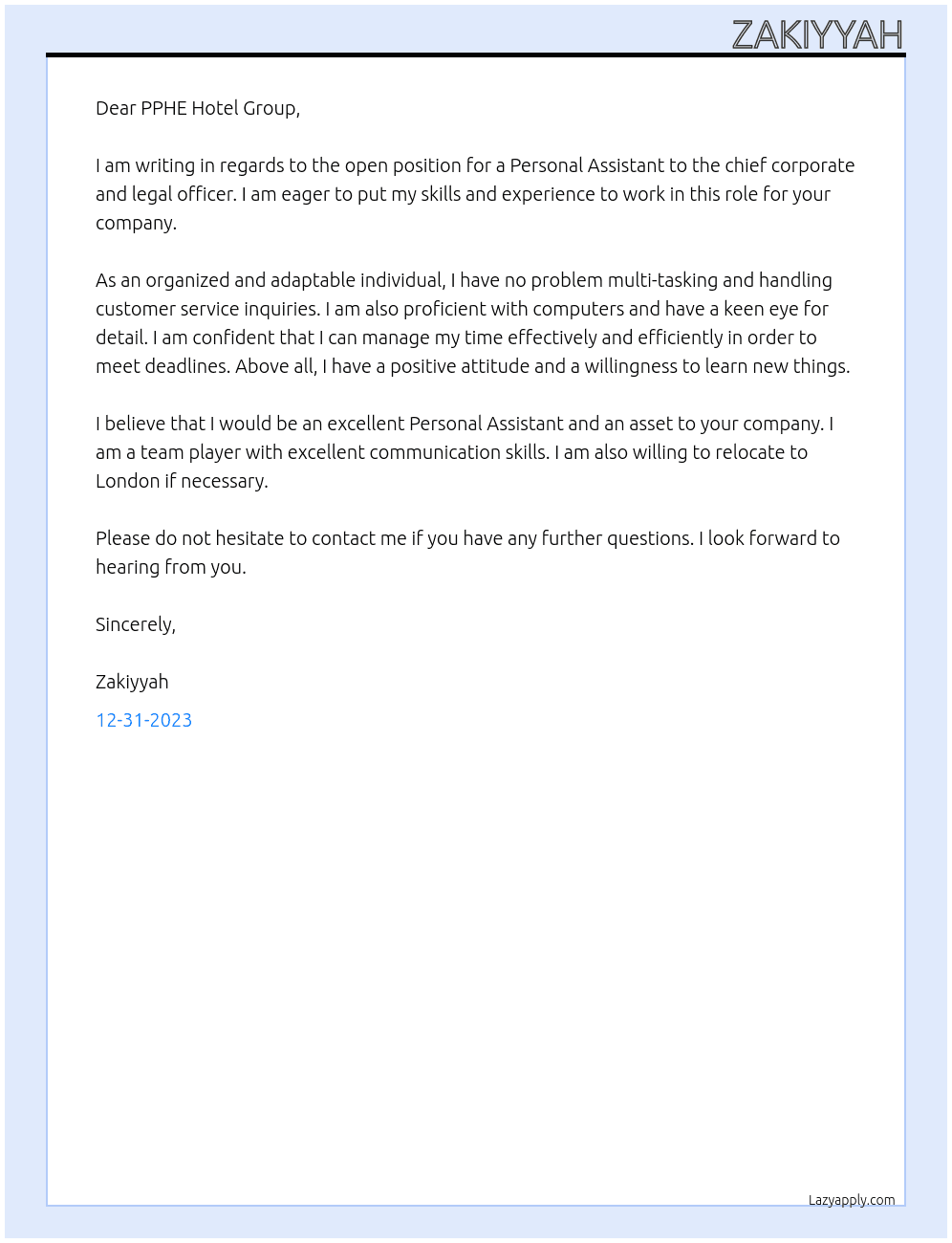 Personal Assistant to chief corporate and legal officer At PPHE hotel group Cover Letter
