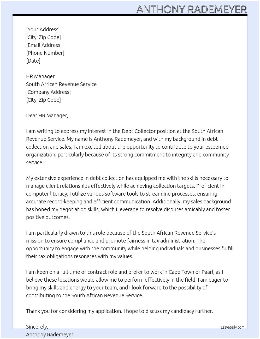 Debt Collector  At South African Revenue Service  Cover Letter