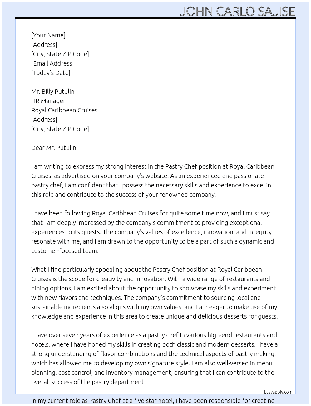 Pastry Chef At Royal Caribbean Cruises Cover Letter