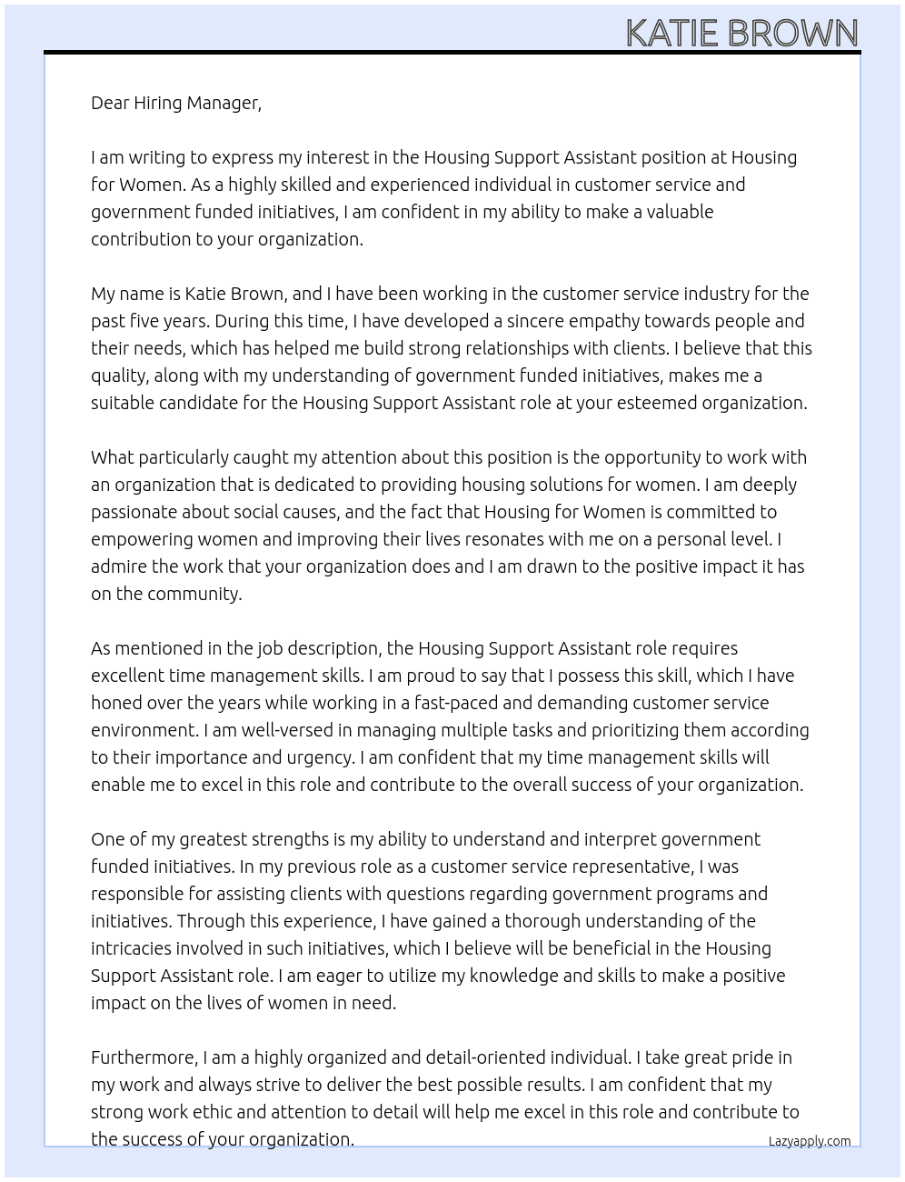 Housing Support Assistant At Housing for Women Cover Letter
