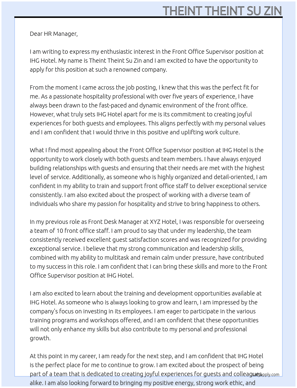 Front Office Supervisor  At IHG Hotel Cover Letter