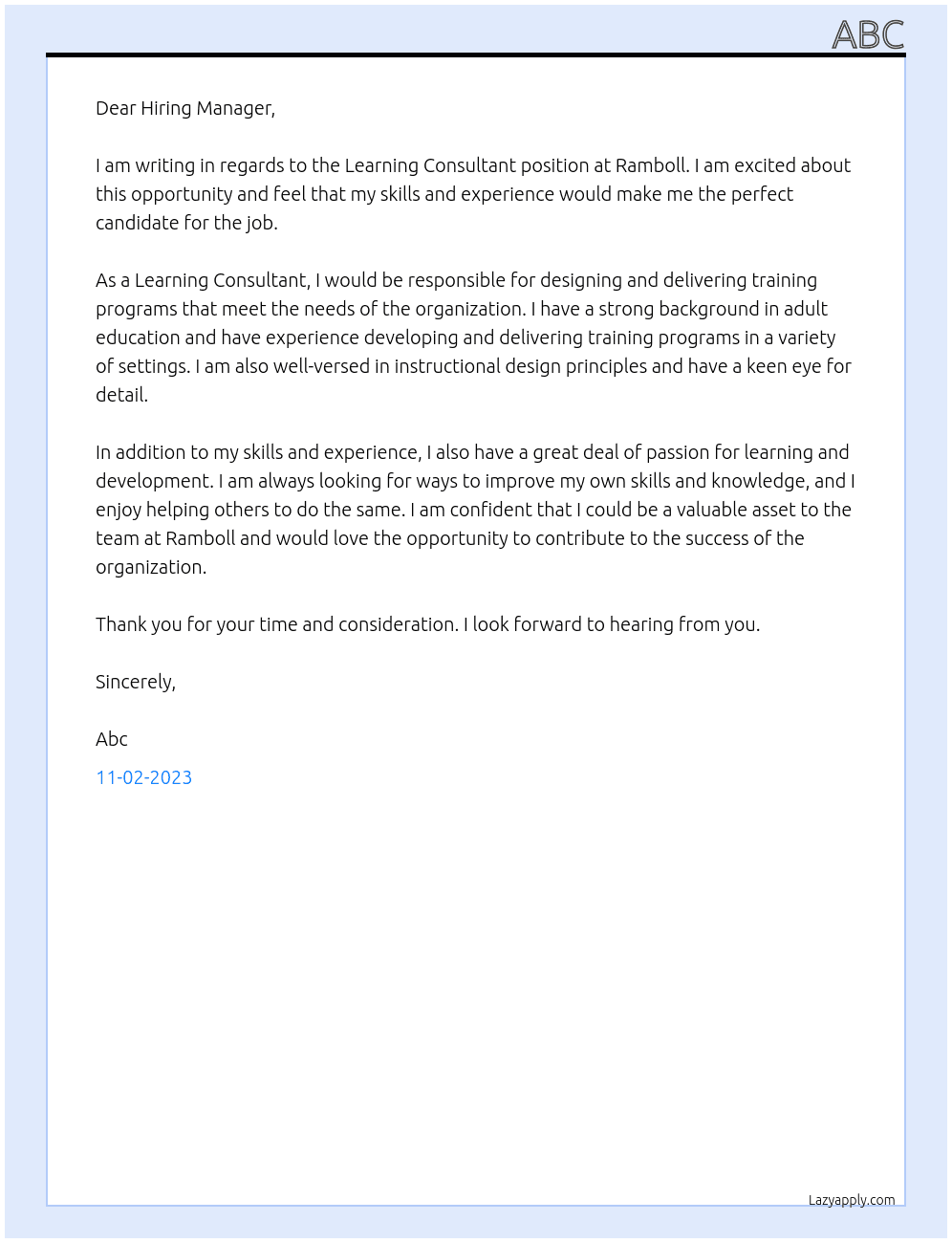 Learning consultant  At Ramboll Cover Letter