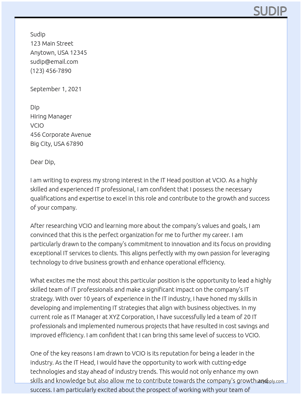 IT Head At VCIO Cover Letter