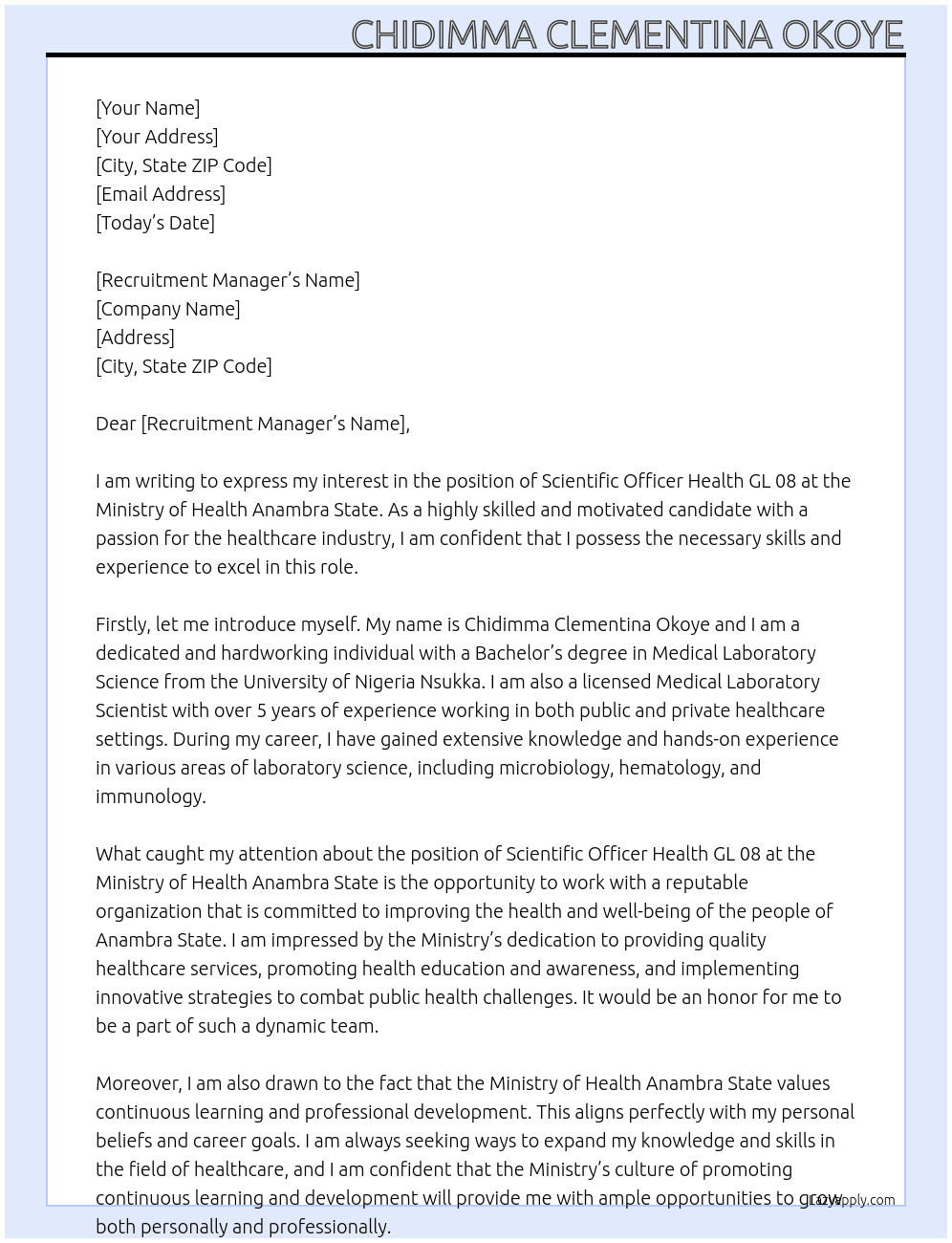 Scientific Officer Health GL 08 At Ministry of Health Anambra State Cover Letter