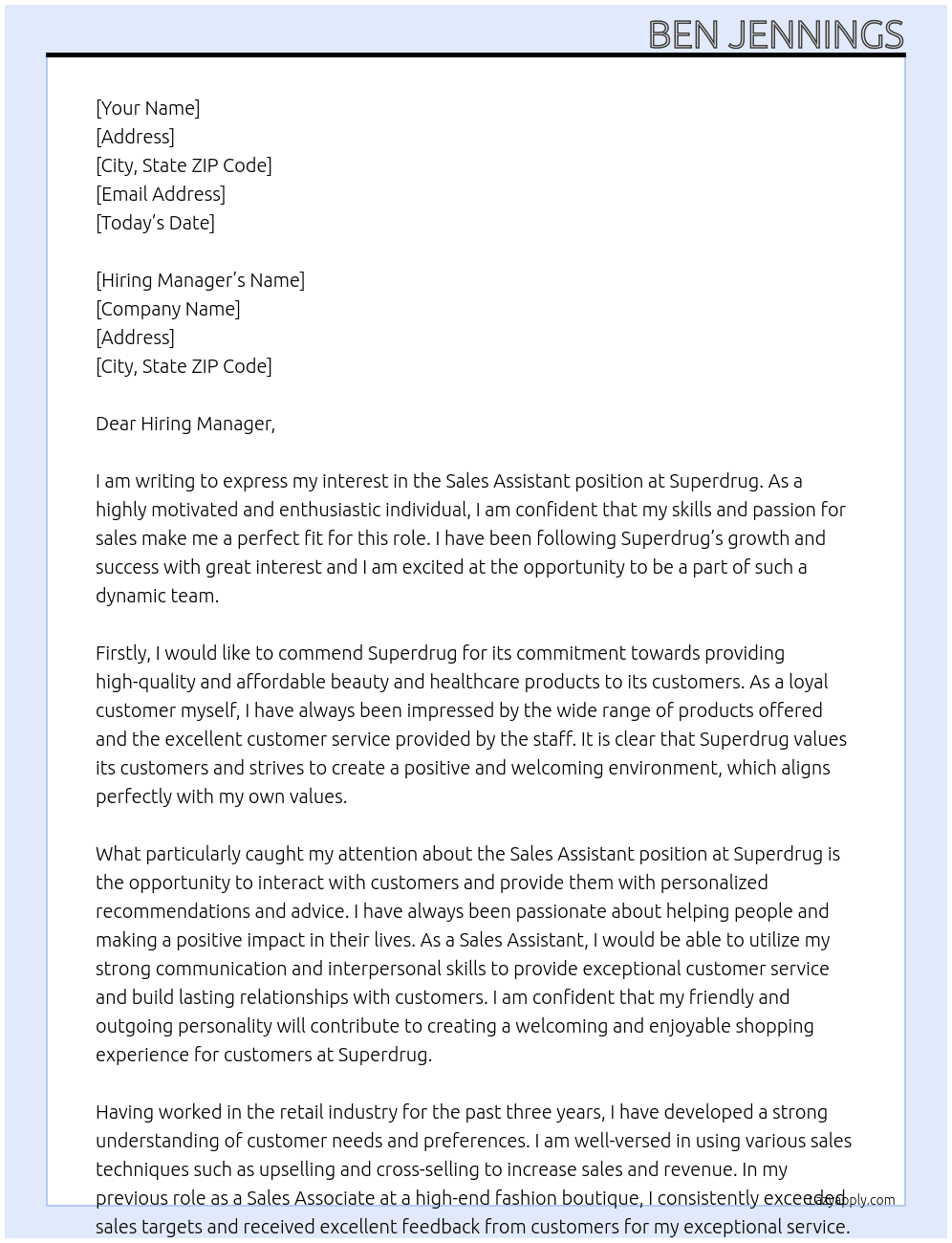 Sales Assistant At Superdrug Cover Letter