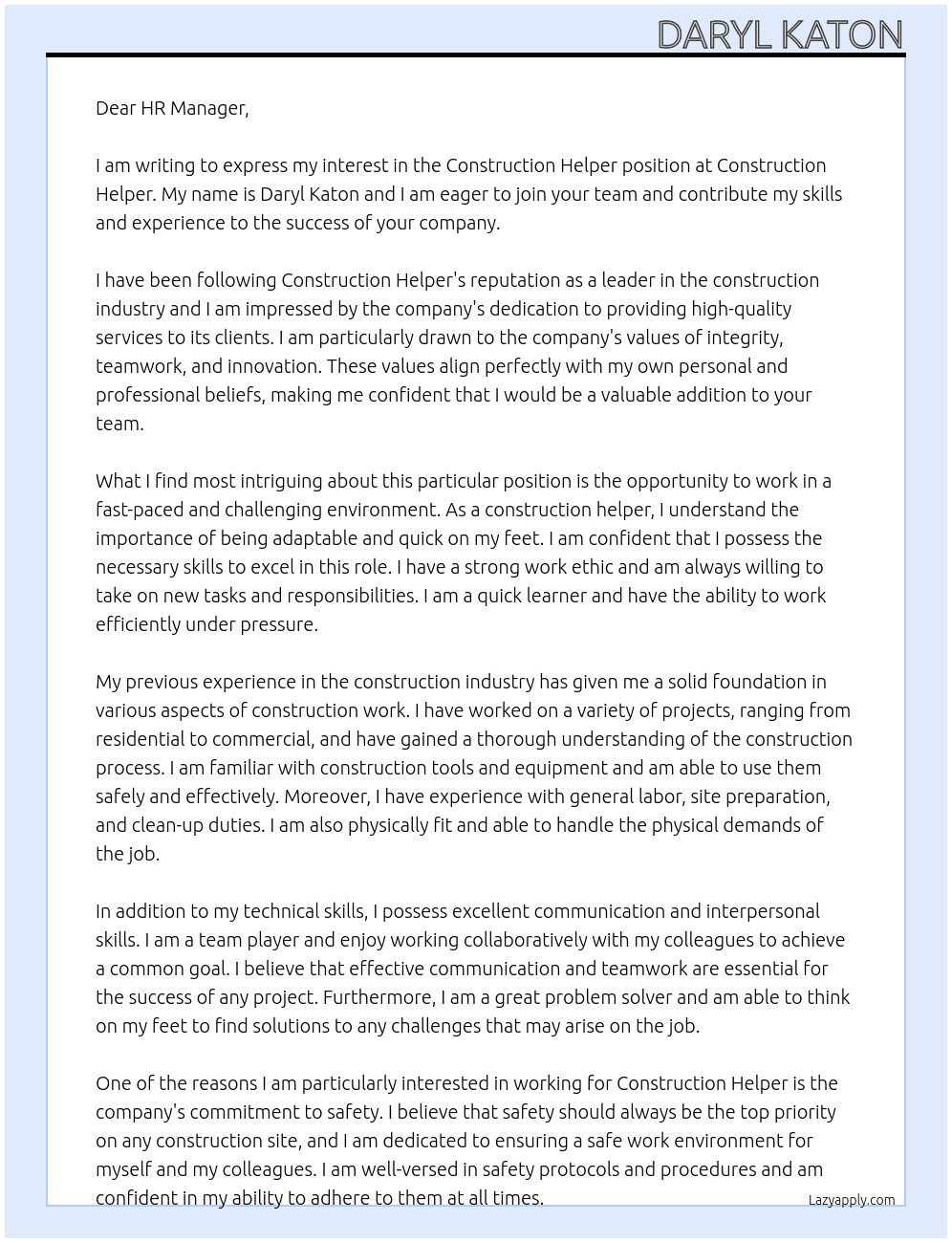 Construction Helper  At Construction Helper  Cover Letter