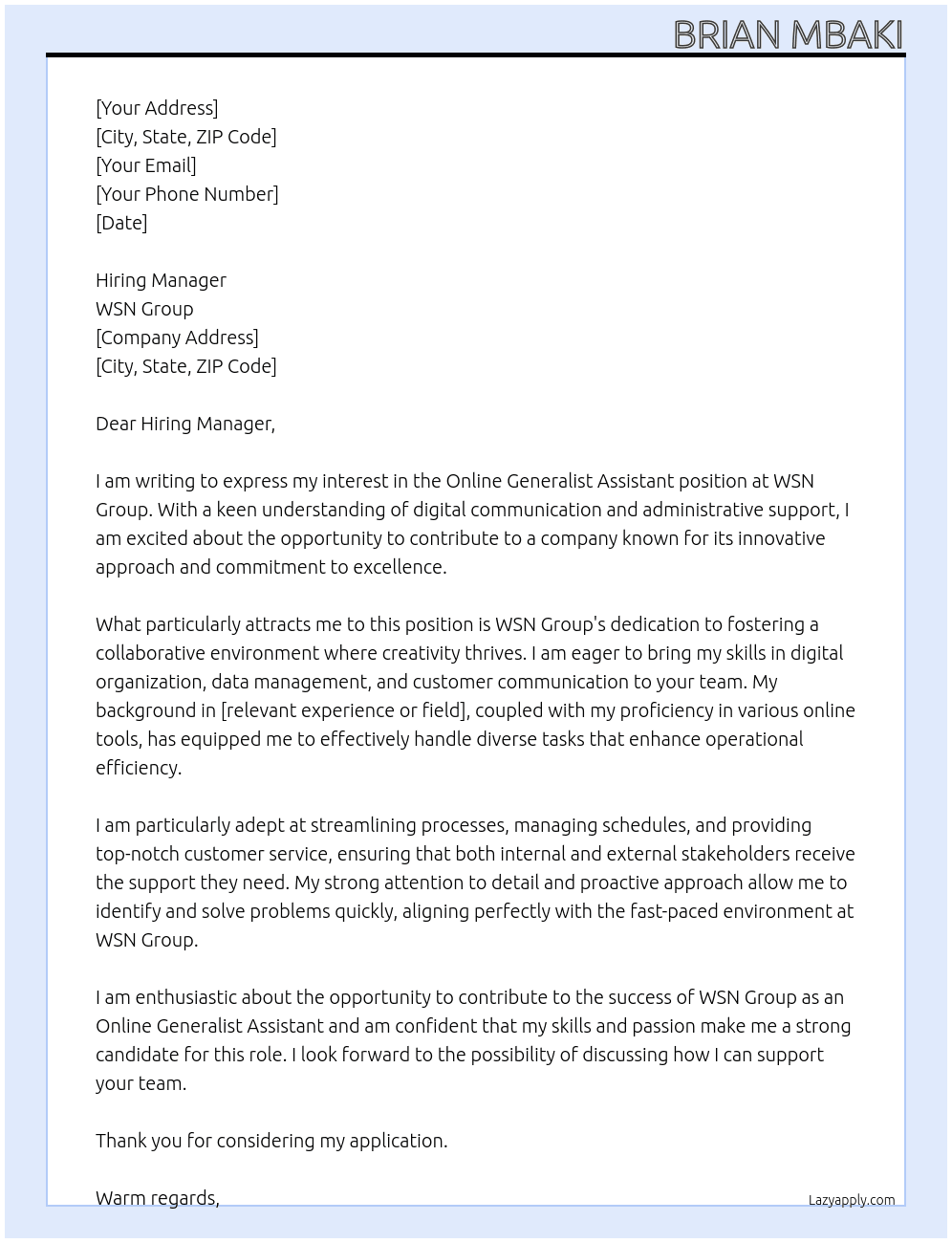 Online Generalist Assistant At WSN Group  Cover Letter