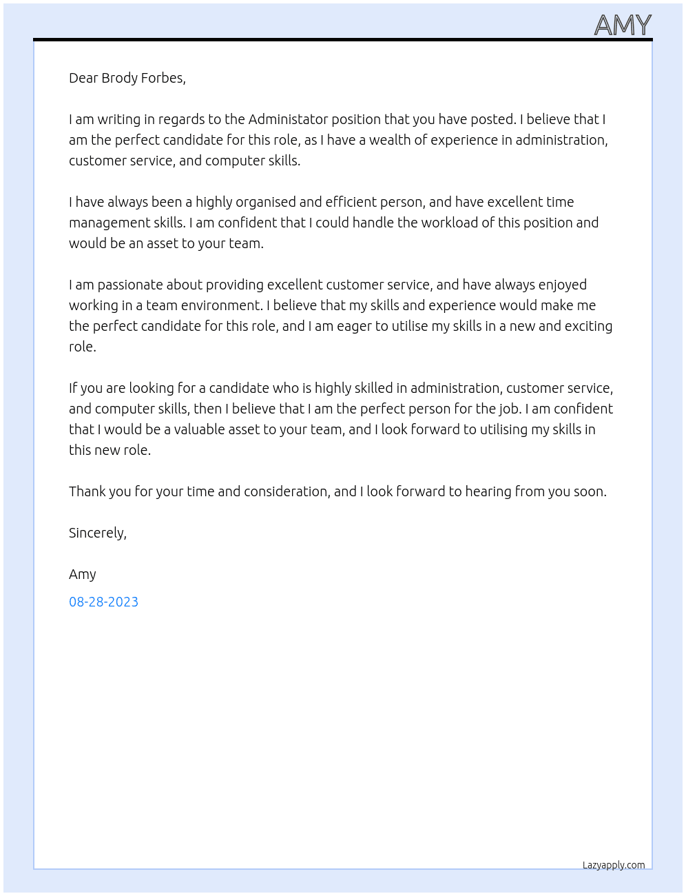 Administator At Brody Forbes Cover Letter