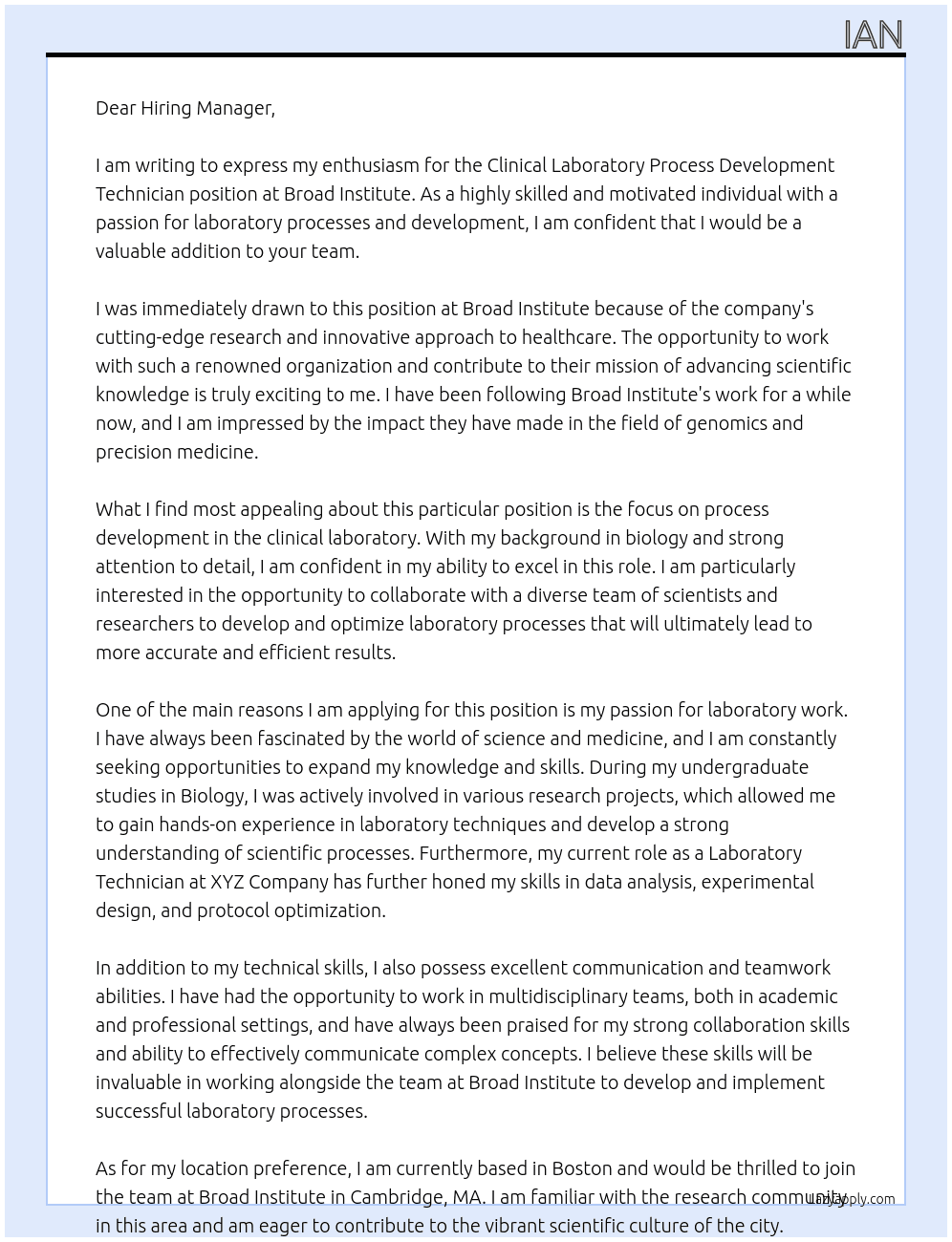 Clinical Laboratory Process Development Technician At Broad Institute Cover Letter