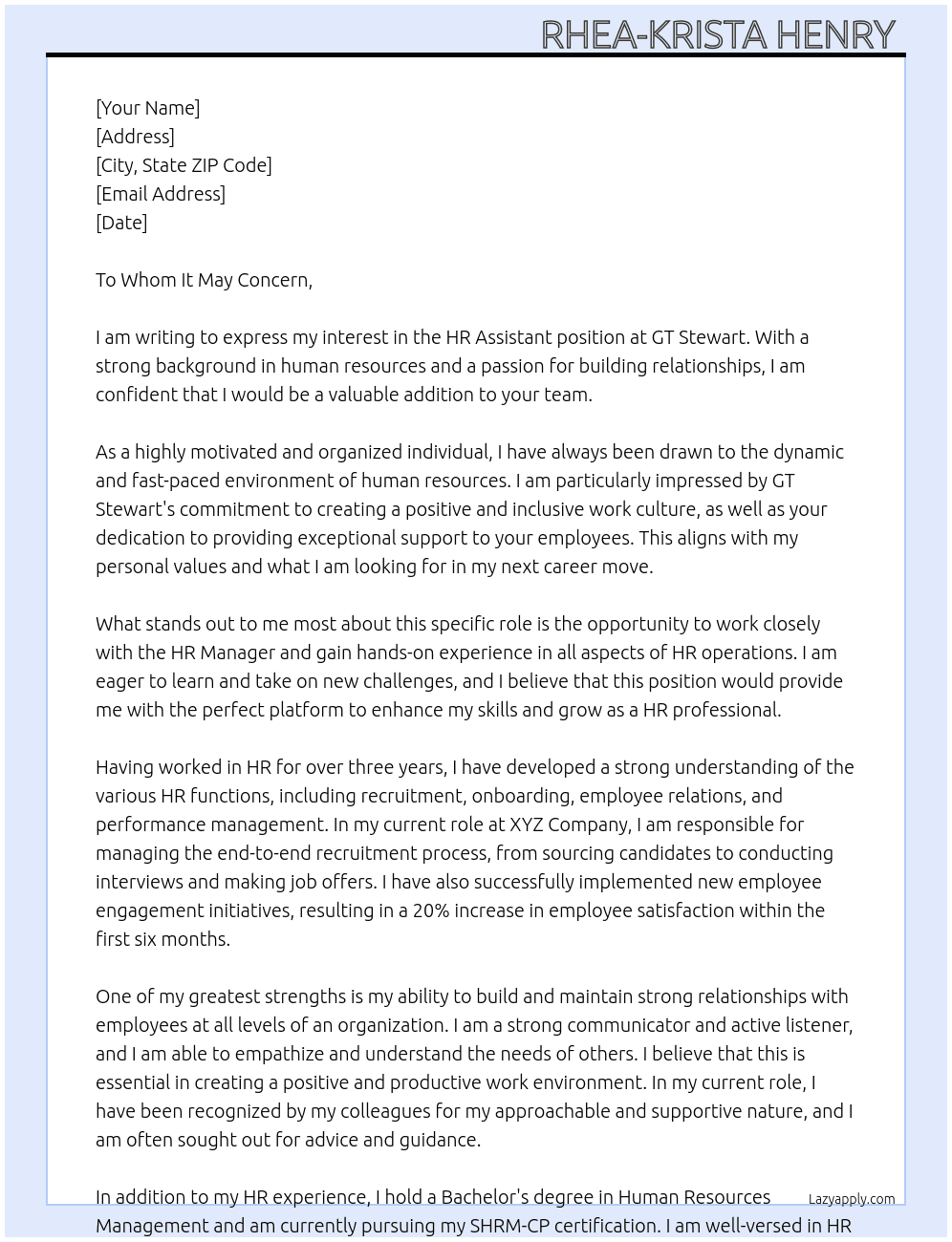 hr assistant  At Gt Stewart  Cover Letter