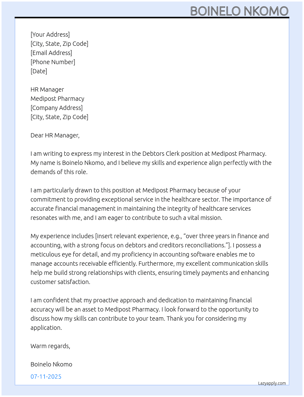 DEBTORS CLERK At MEDIPOST PHARMACY  Cover Letter