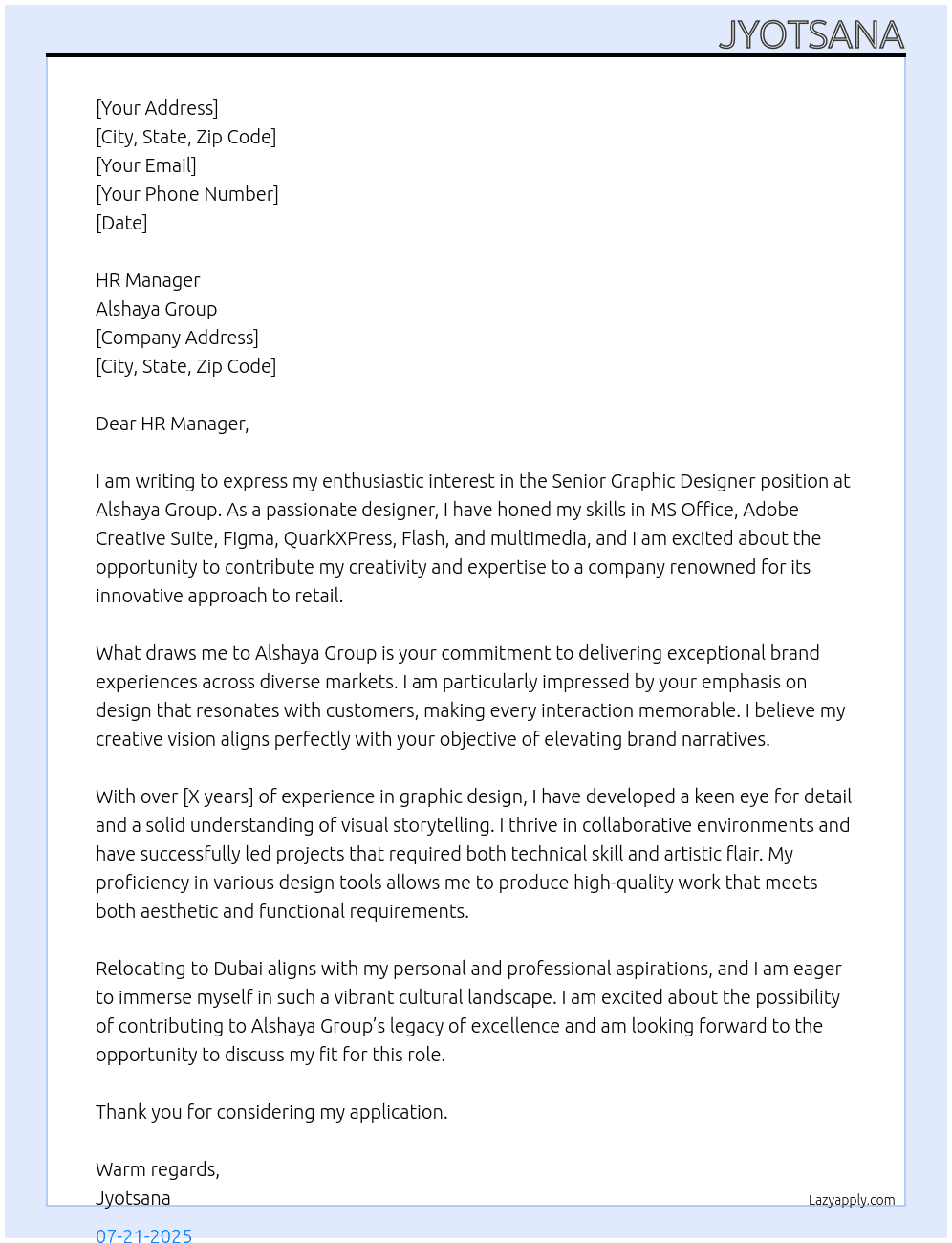 Senior Graphic Designer At Alshaya Group Cover Letter