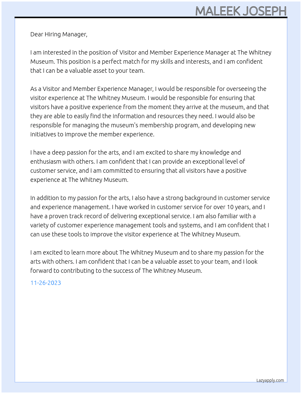 Visitor and Member Experience Manager At The Whitney Museum Cover Letter