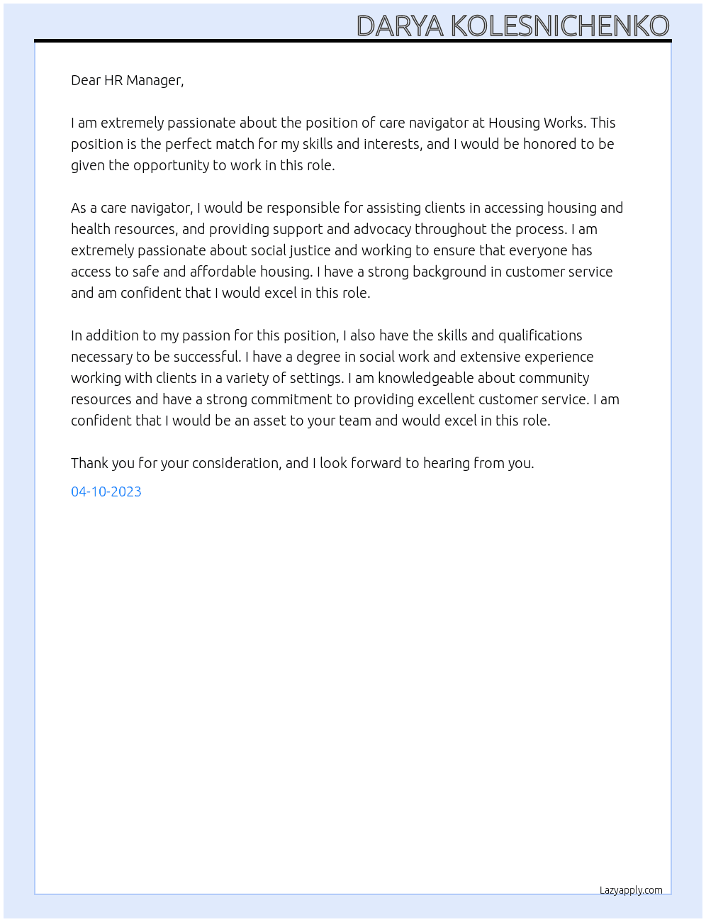 care navigator At Housing Works Cover Letter