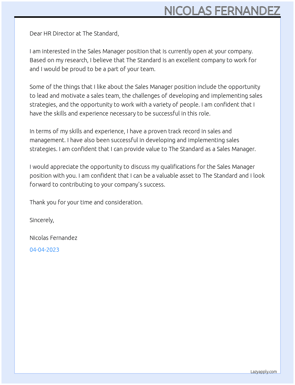 Sales Manager At The Standard Cover Letter