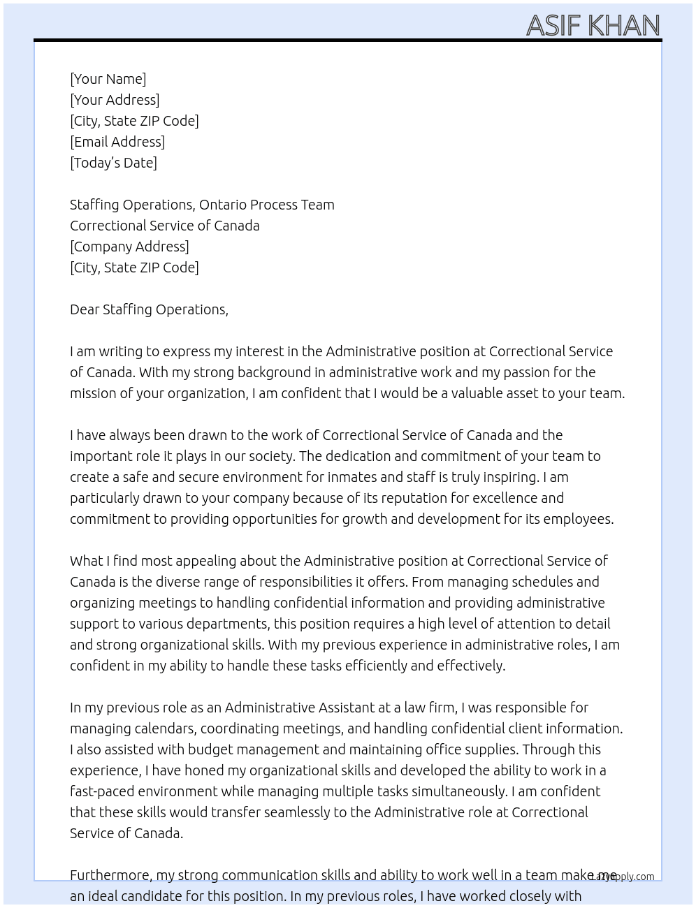 Administrative At Correctional Service of Canada Cover Letter