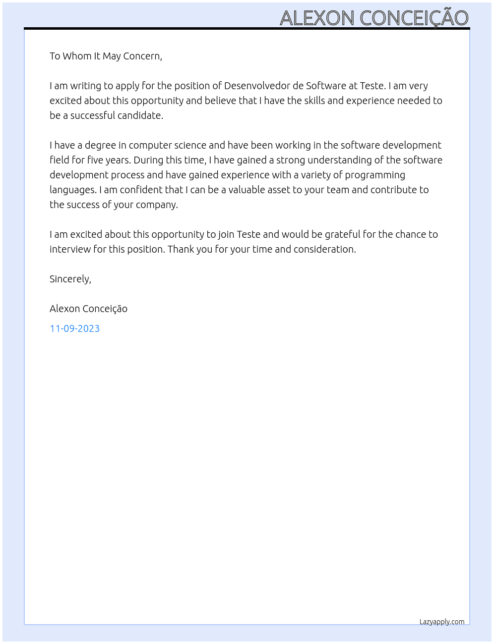 Desenvolvedor de Software At Teste Cover Letter