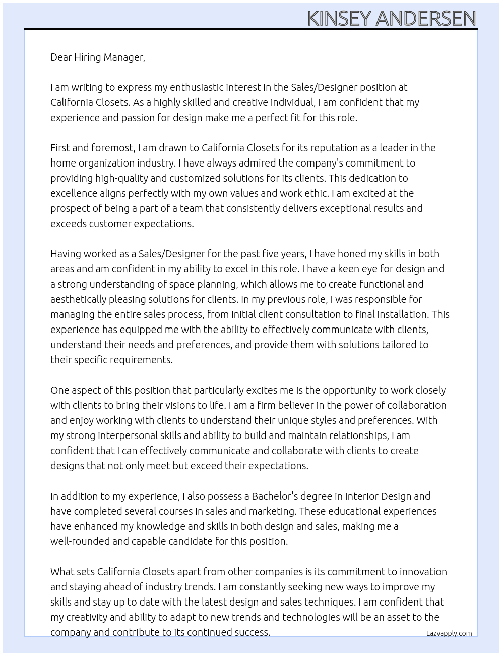 Sales / Designer At California Closets Cover Letter