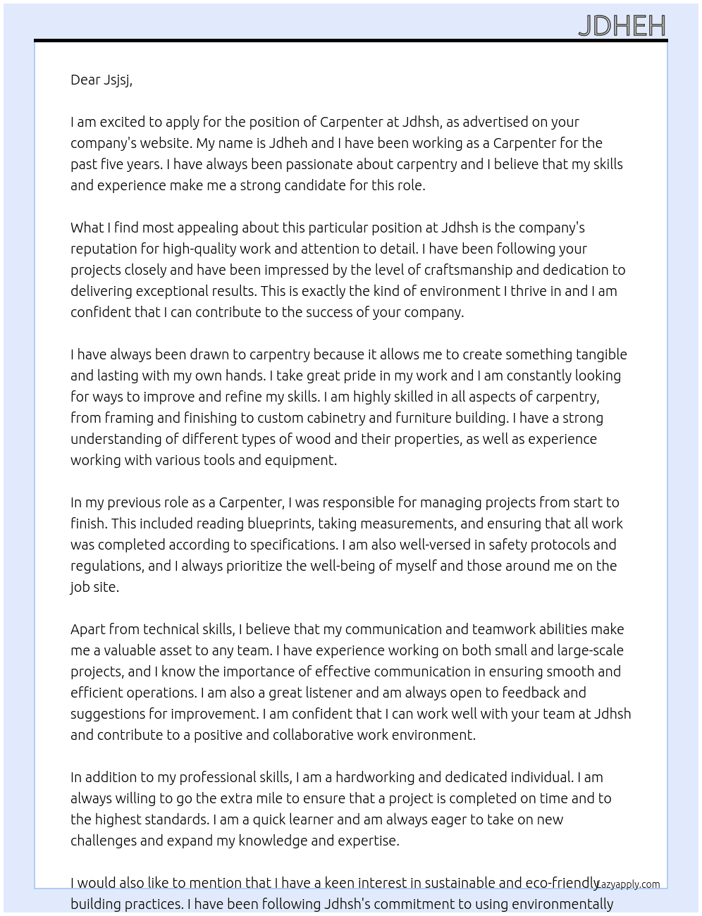 Carpenter At Jdhsh Cover Letter