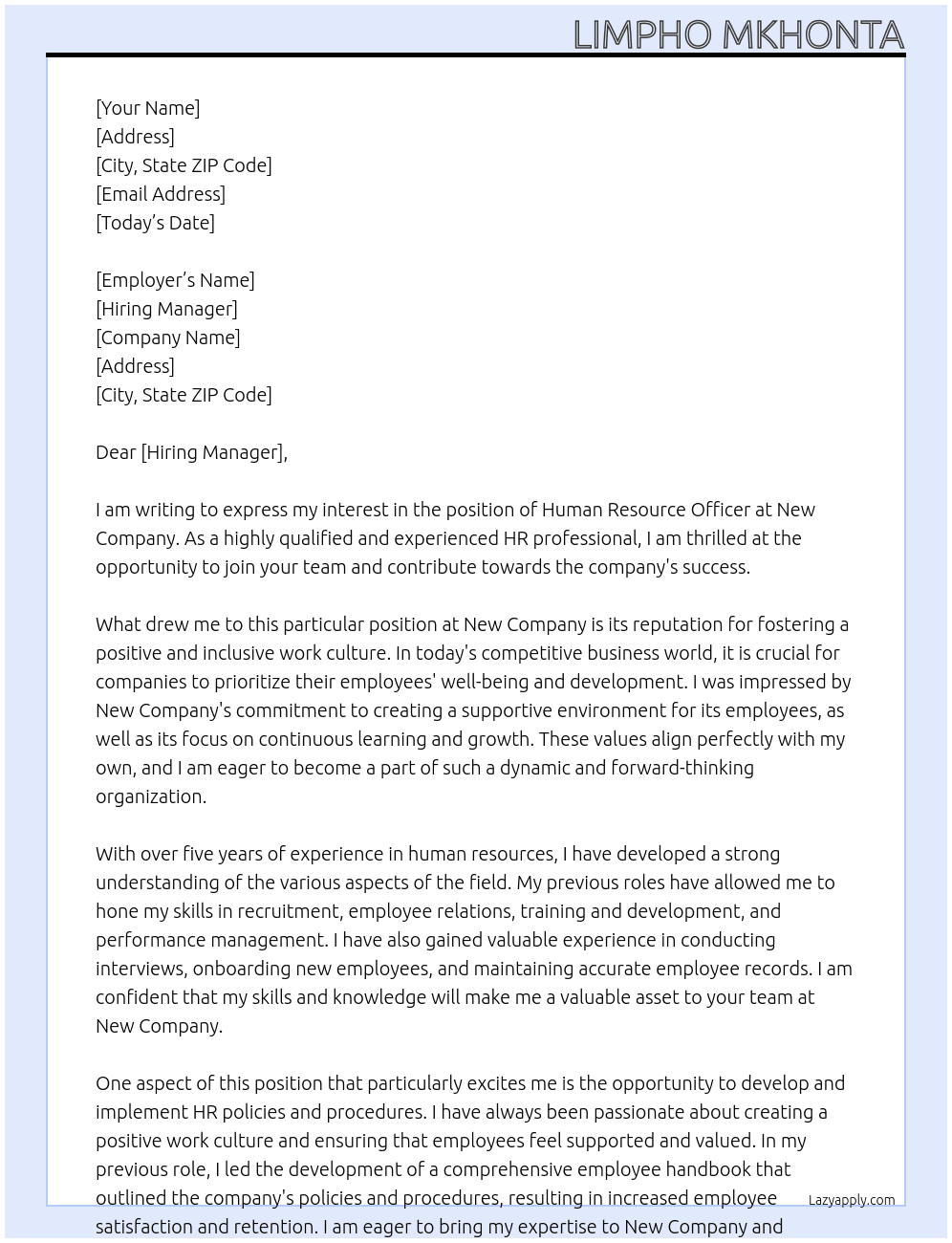 Human Resource Officer At New company Cover Letter