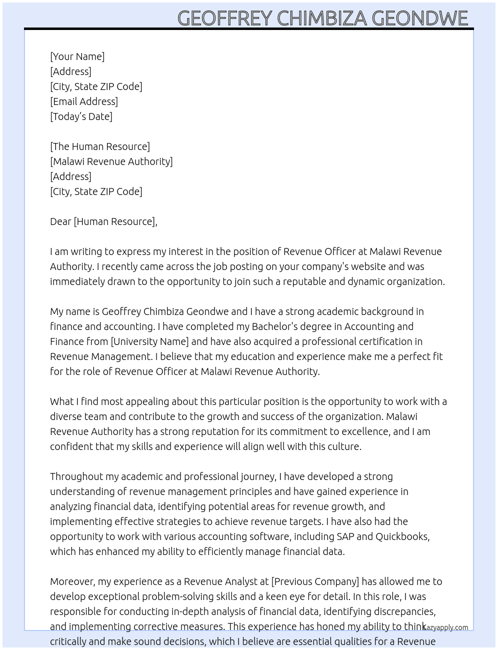 Revenue Officer At Malawi Revenue Autholity Cover Letter