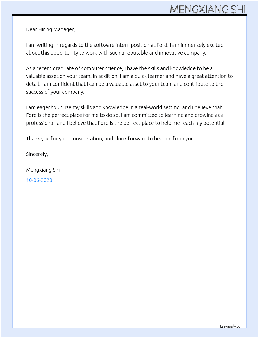 Software Intern At ford Cover Letter