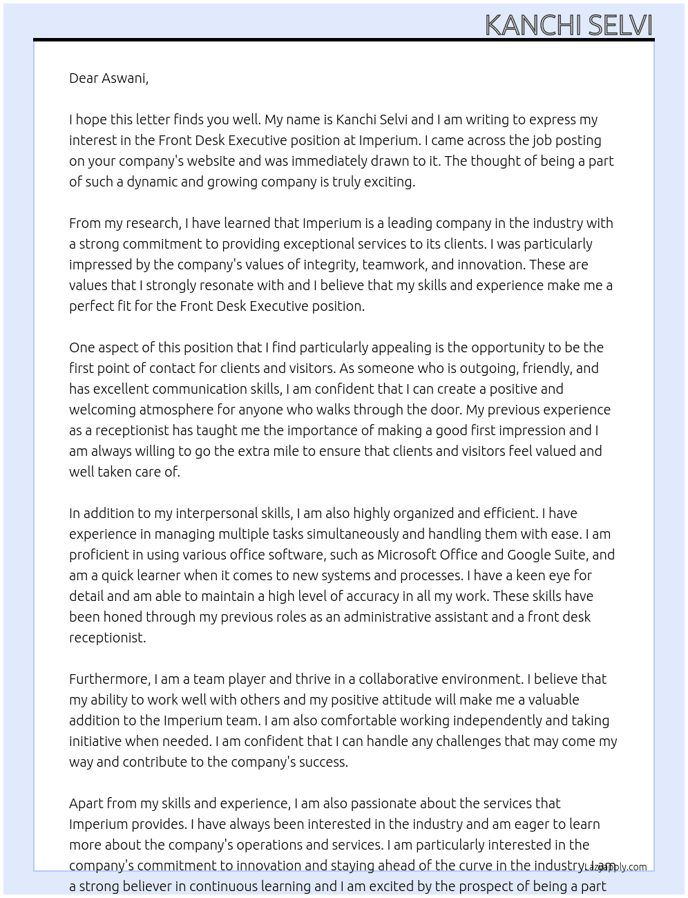 Front Desk Executive At Imperium Cover Letter