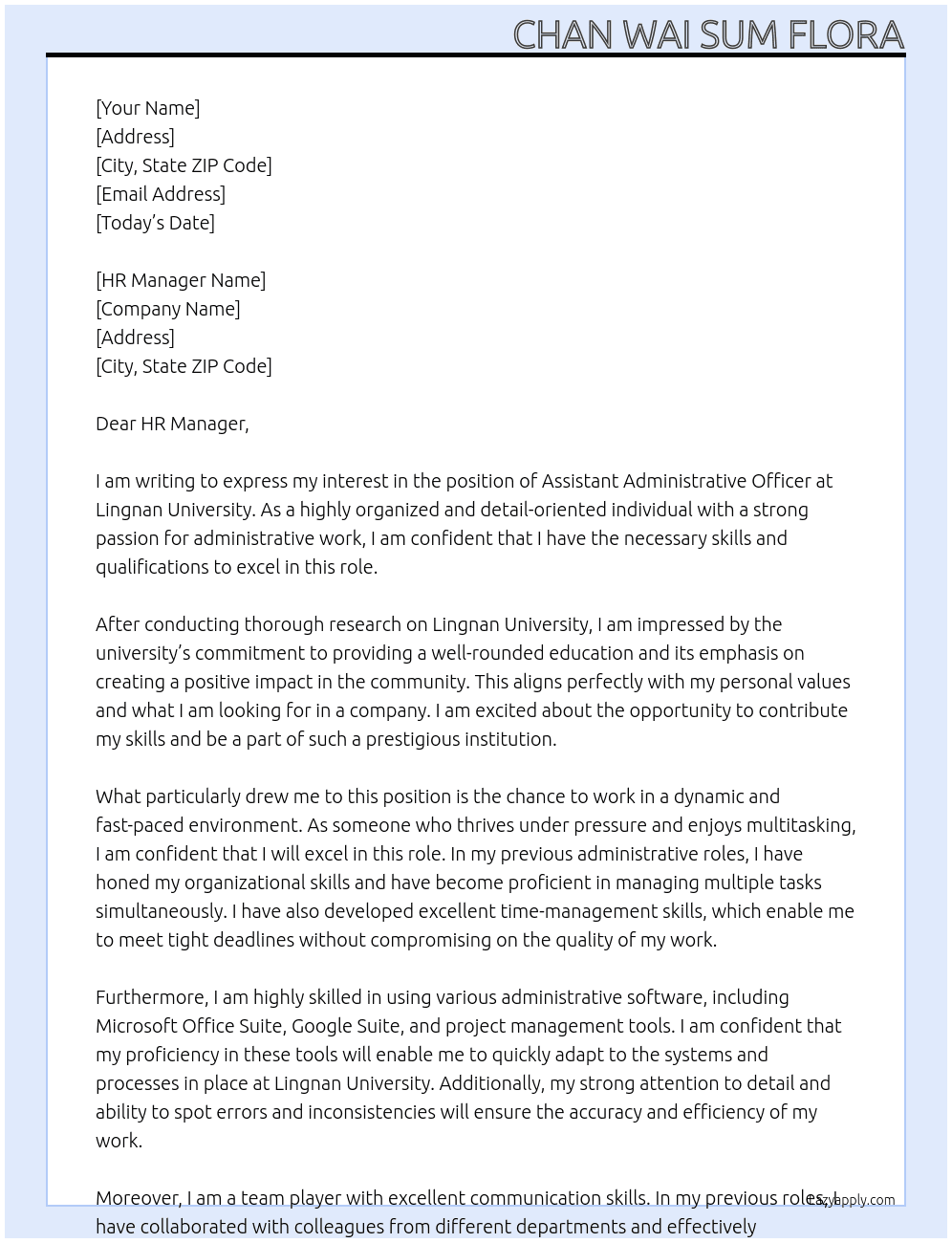 Assistant Administrative Officer At Lingnan University Cover Letter
