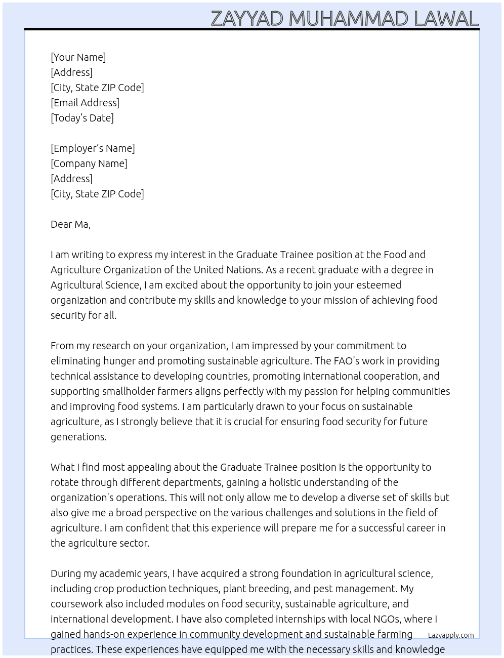 Graduate trainee At Food and agriculture organization of the United Nations  Cover Letter