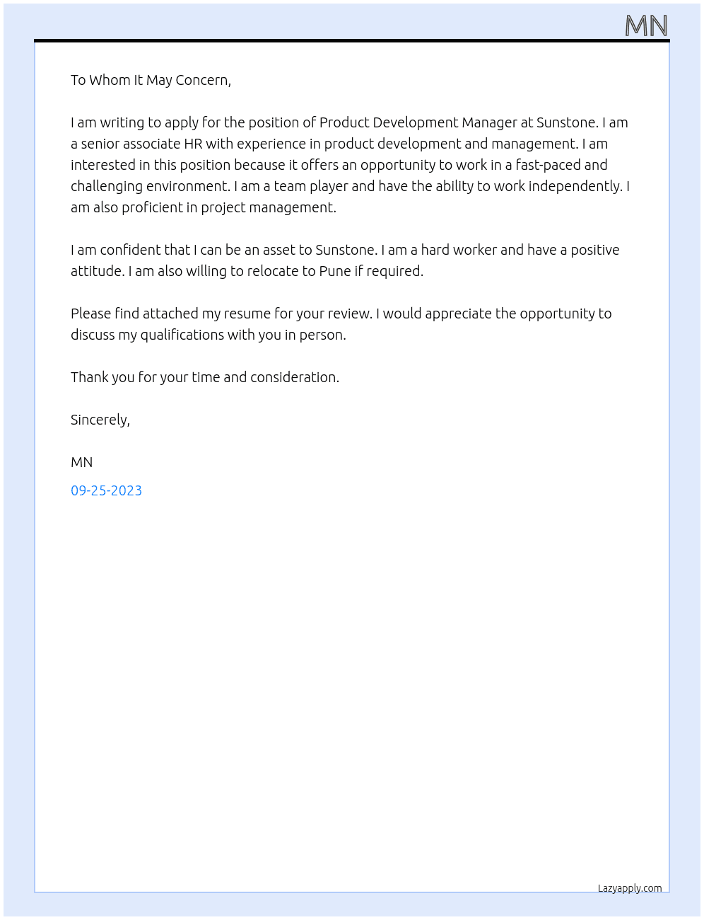 Product development manager  At Sunstone Cover Letter